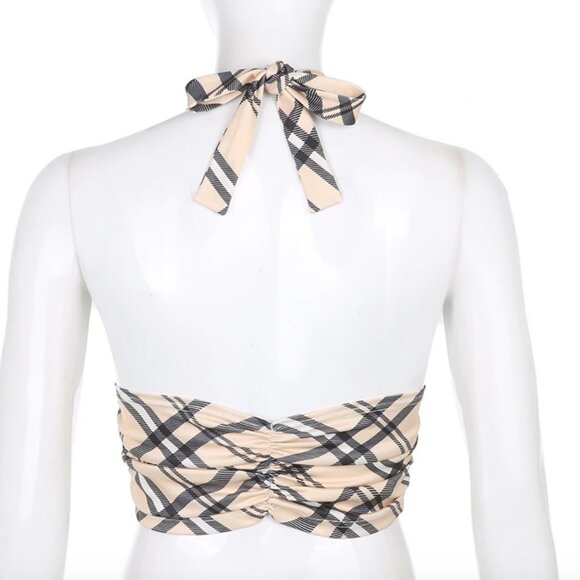 LAST Small Plaid Print Crop Top Backless Tie Halter Top Ruched Cami‎ - Picture 5 of 7